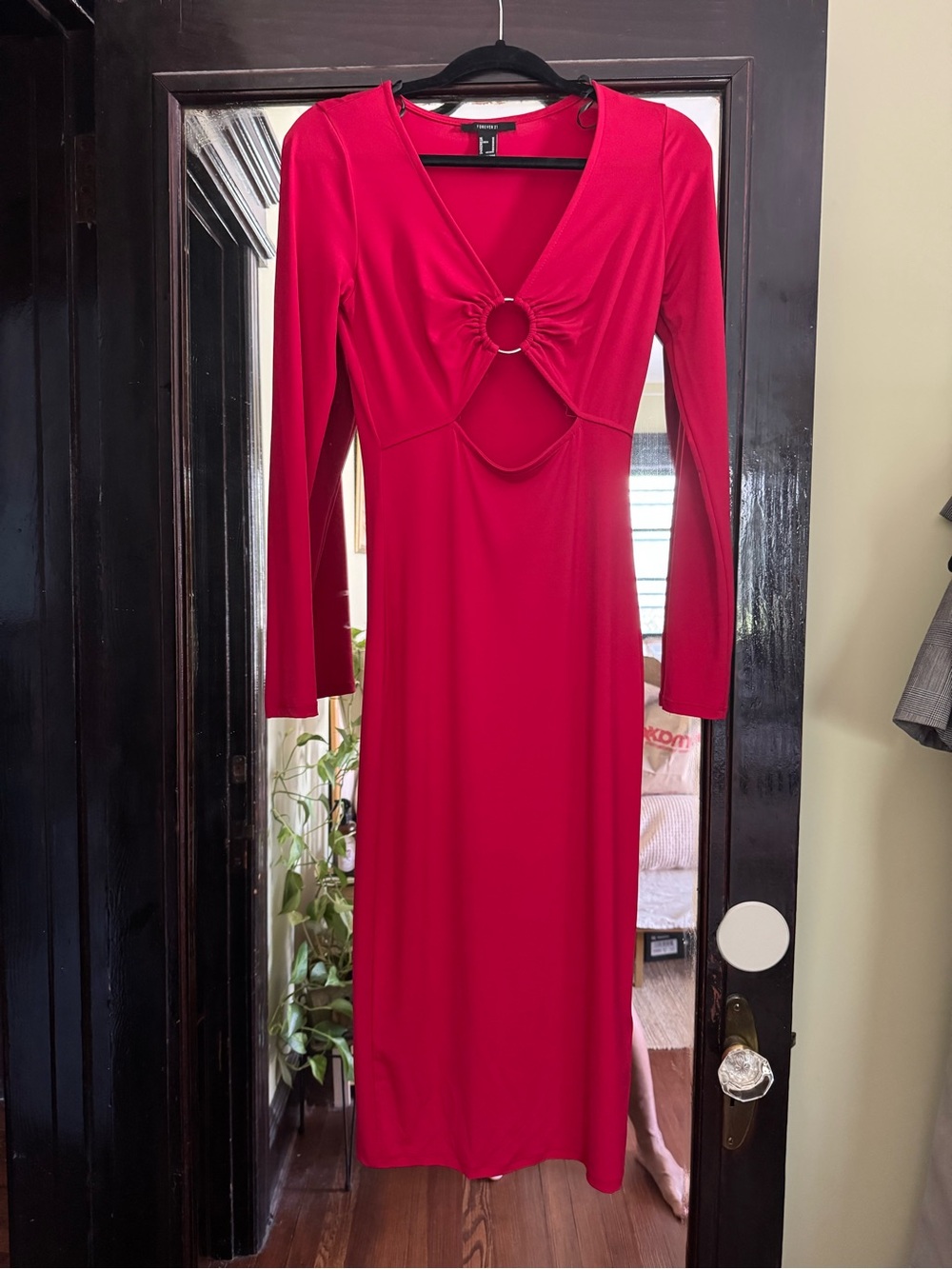 Red Long-Sleeve Midi Dress with Ring Detail